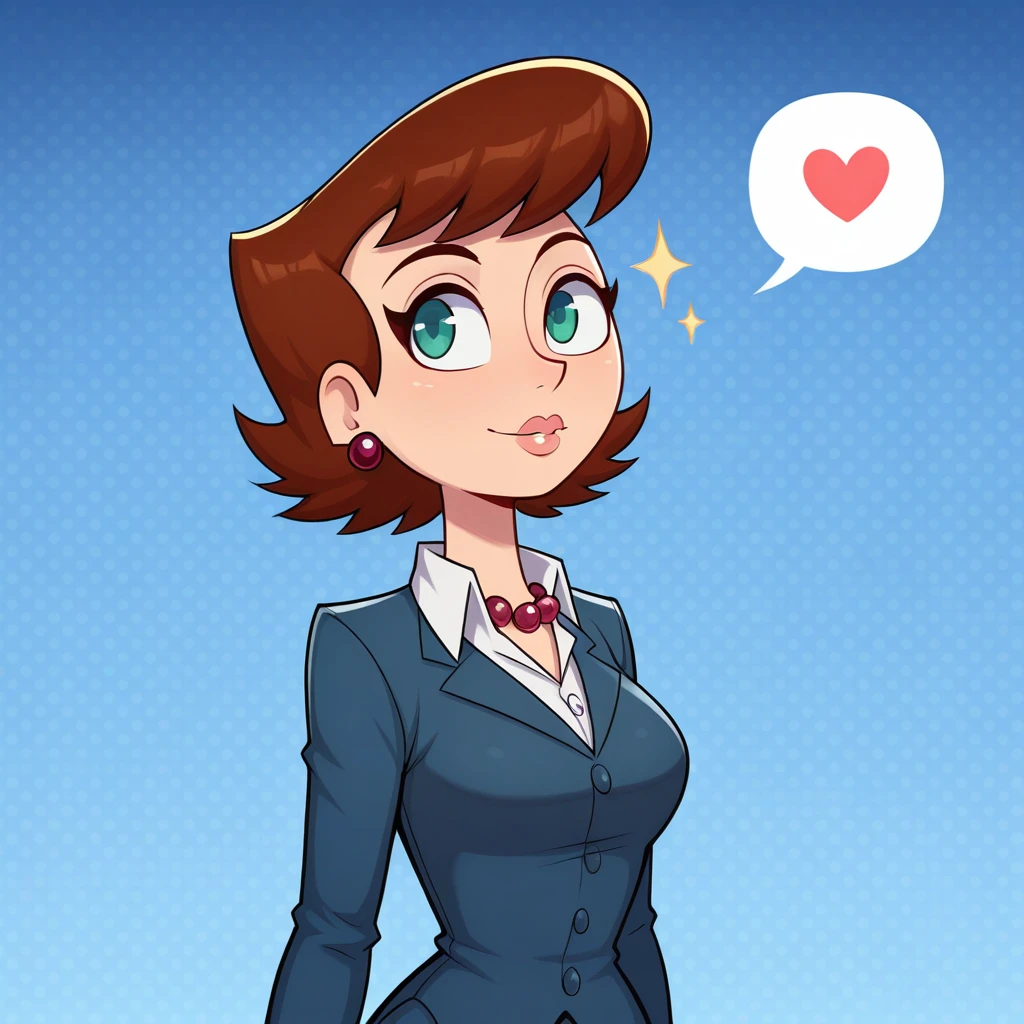 masterpiece, best quality, LilaTest, 1girl, solo, brown hair, short hair, green eyes, earrings, pearl necklace, formal, blue suit, white shirt, upper body, <lora:LilaTest_Illustrious_Leaf2:1>, polka dot background, blue background, spoken heart, sparkle background,