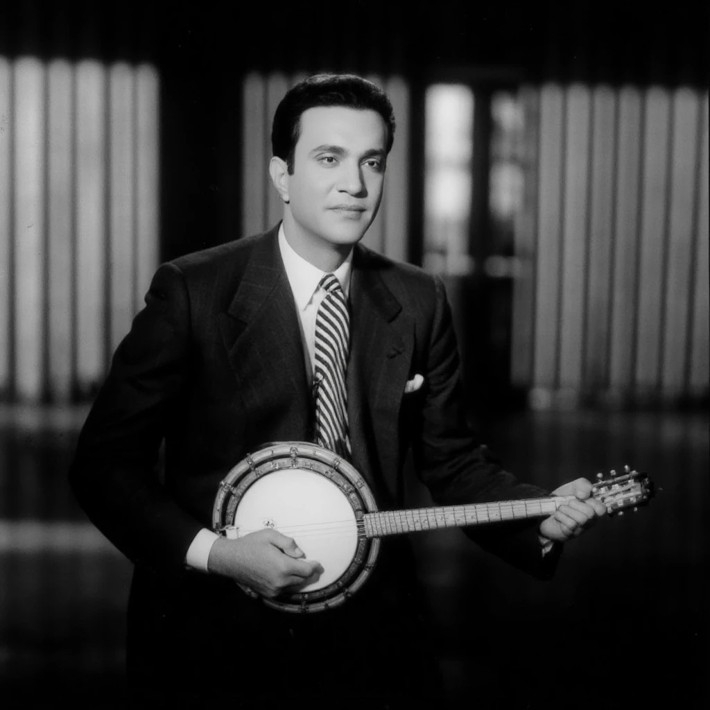 cinematic film still of  <lora:Abdelwehab v2:1>
Mohammed Abdel Wahab a man in a suit and tie playing a banjo:1, Mehammad Abdelwehab style, solo, sitting, monochrome, greyscale, necktie, parody, formal, suit, looking at viewer, shirt, long sleeves, closed mouth, jacket, striped, collared shirt, pants, instrument, striped necktie, holding, indoors, banjo, shallow depth of field, vignette, highly detailed, high budget, bokeh, cinemascope, moody, epic, gorgeous, film grain, grainy