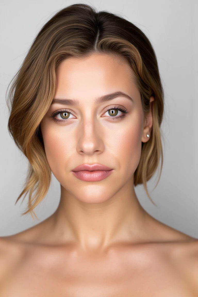 close up face portrait of lilirflx, a woman in martincstyle look, plain white studio backdrop, framed centered