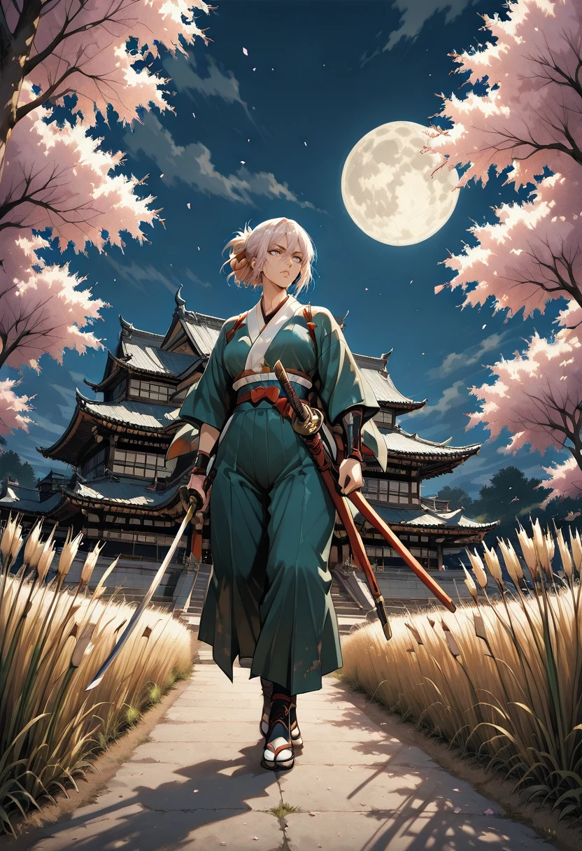 1girl, gc_lynway <lora:Lynway:0.8>, vintage style, samurai, japanese clothes, cherry blossoms, japanese castle, holding weapon, katana, moon, night, Japanese pampas grass,