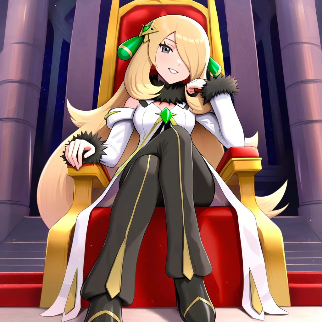 [hinosaki, gonzarez, leveen], (1girl), solo, sitting, on_throne, castle, smile,
arccynthia, [[cynthia_\(pokemon\)]], very_long_hair, blonde_hair, hair_over_one_eye, grey_eyes, emerald_hair_ornament, deatached_sleeves, fur-trimmed_sleeves, white_coat, fur-trimmed_coat, black_fur_trim white_sleeves, fur_collar, black_pants, shoes, black_footwear, official_alternate_costume, medium_breasts, masterpiece,amazing quality, very aesthetic, high resolution ,ultra-detailed, absurdres, newest