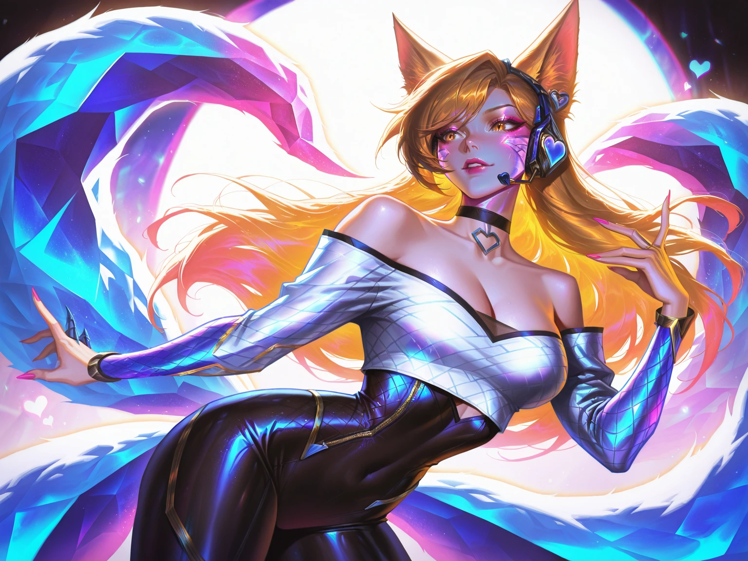 ahri, 1girl, ahri (league_of_legends), animal ears, bangs, bare shoulders, black choker, black leotard, blonde hair, brown eyes, choker, cleavage, collarbone, covered navel, fox ears, fox girl, fox tail, headset, heart, highres, k/da(league of legends), k/da ahri, leotard, medium breasts, multiple tails, off-shoulder shirt, off shoulder, official alternate costume, pink nails, shirt, solo, tail, white shirt,
, (five fingers), league of legends style, <lora:LeagueOfLegendsIL:0.8>, masterpiece, best quality, absurdres