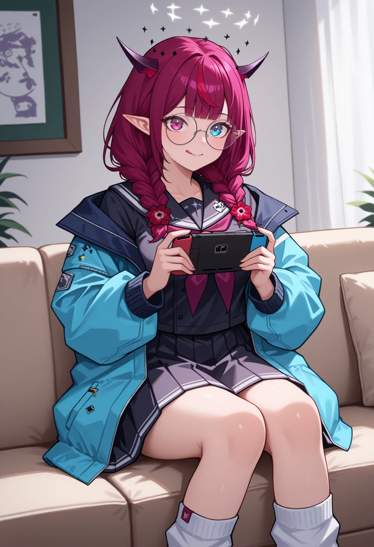 masterpiece, best quality, 1girl, solo, 1RySGam, heterochromia, purple eye, blue eye, horns, double halo, multicolored hair, purple hair, long hair, twin braids, hair flower, round eyewear, black serafuku, blue jacket, purple neckerchief, black skirt, white socks, sitting, indoors, on couch, handheld game console, holding handheld game console, smile, :p, licking lips, tongue, <lora:ChamIRySIllustriousXL:1>