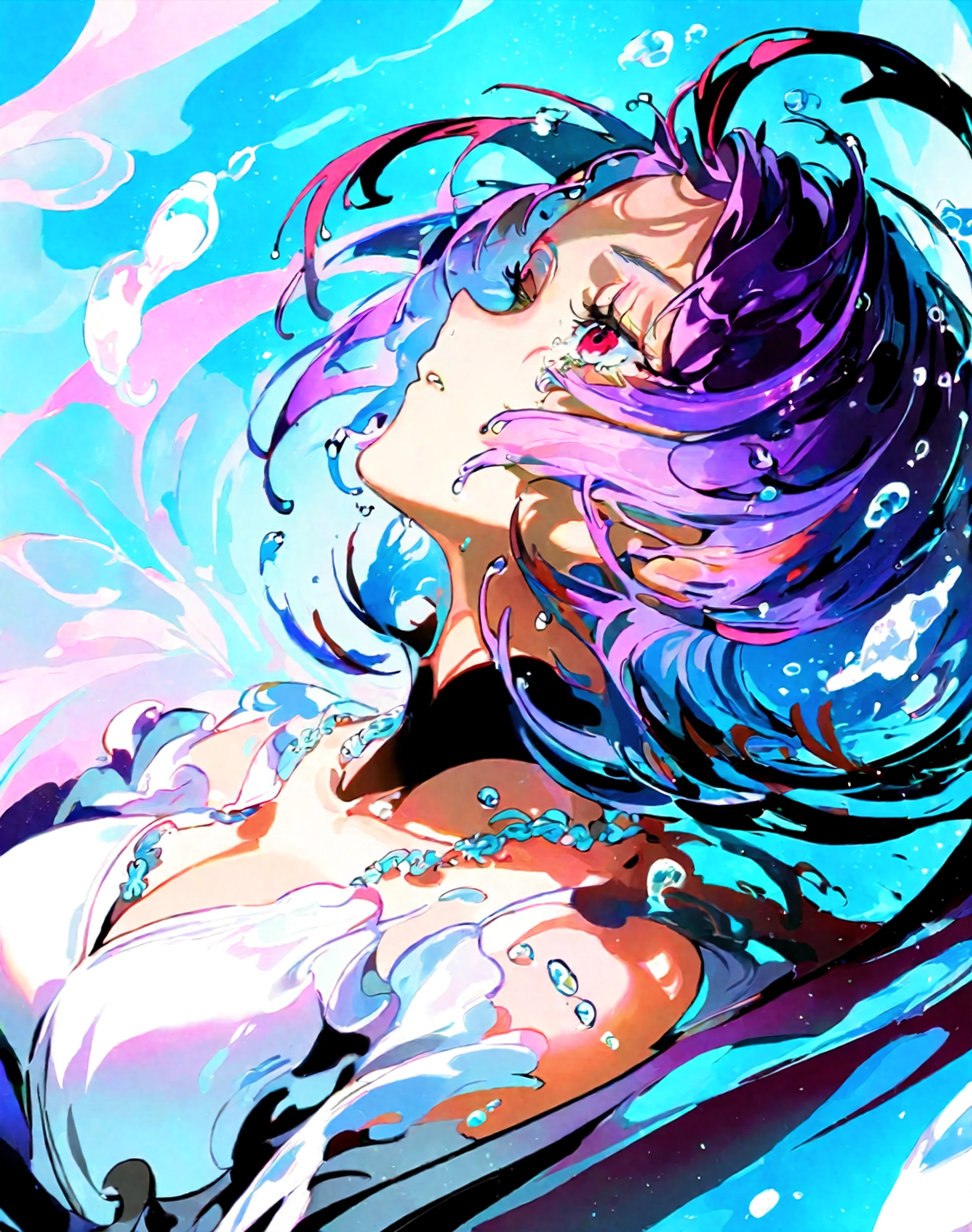 1girl,
qk1, solo, parted lips, looking up, necklace, purple hair, jewelry, short hair, floating hair, makeup, blue background, tears, upper body, crying, water, feathers, hands up, nose blush, cloud, sky, star \(sky\), collarbone, gradient sky, large breasts, cleavage, streaming tears, eyeshadow, turtleneck, wet hair, shirt, starry sky, wet clothes, orange sky, bare shoulders, looking away, eyeliner, long sleeves, crystal necklace, pink eyeshadow, breasts, parted bangs, water drop, feather trim, white shirt, cloudy sky, blush,
A young woman with dark hair and red eyes. she is wearing a black choker necklace and has her arms stretched out to the sides, as if she is reaching for something. the background is a blue sky with small white bubbles scattered around. the woman appears to be in a dream-like state, with her eyes closed and a peaceful expression on her face. the overall mood of the image is surreal and dreamlike.
masterpiece, best quality, newest, absurdres, sensitive
 <lora:okra_v1.1:1>