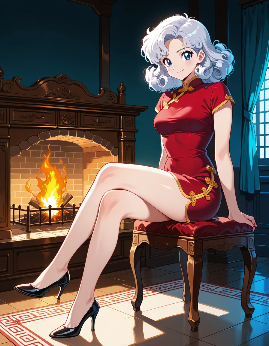 Retro game art hud_ch1na_dr3ss, black dress, red dress, short dress, chinese clothes, solo, 1girl, long white curly hair, high heels, sitting, crossed legs, from side, looking at viewer <lora:hud_chinese_dress_illust:0.7>, Regal British Drawing Room featuring antique sconces and a crackling fireplace, evoking an aura of sophistication and comfort, perfect for intimate conversations., smile, best quality, absurdres, masterpiece, amazing quality,  . 16-bit, vibrant colors, pixelated, nostalgic, charming, fun