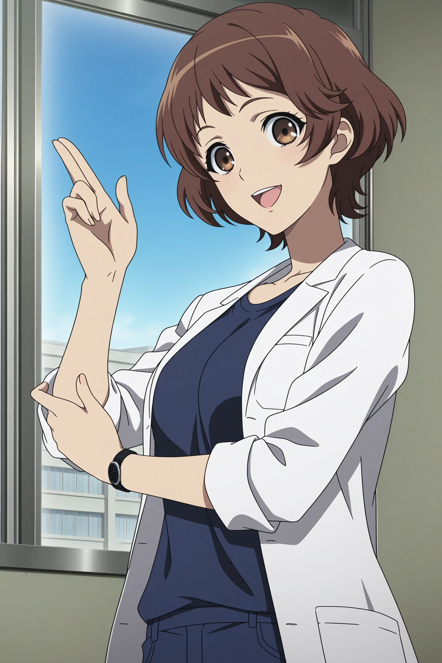 masterpiece, best quality, amazing quality, highres, absurdres, very aesthetic, high resolution, ultra detailed, perfect details, 1girl, solo, indoors, hospital, day, blue sky, window, mizuno sanae, brown hair, short hair, brown eyes, wristwatch, sandals, blue shirt, blue pants, lab coat, <lora:Sanae_Mizuno_ILXL:0.8>, (aged up:1.4), (upper body:1.2), (anime coloring:1.2), (anime screencap:1.2), smile, open mouth, (pose:1.2), looking at viewer