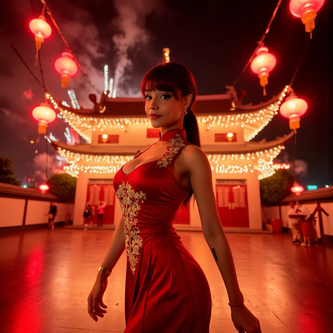 (A cinematic shot of <lora:whoahannahjo:1> a young woman with a light to medium skin tone. a stunning female model, elegant ponytail hairstyle, makeup and mascara. there is a slight smirk on her face. She is wearing a modest traditional chinese silk dress, it is form fitting and sleek featuring intricate gold details, standing in an ancient Chinese temple during a lunar new year celebration, looking at the viewer. colorful fireworks illuminate the scene at night)