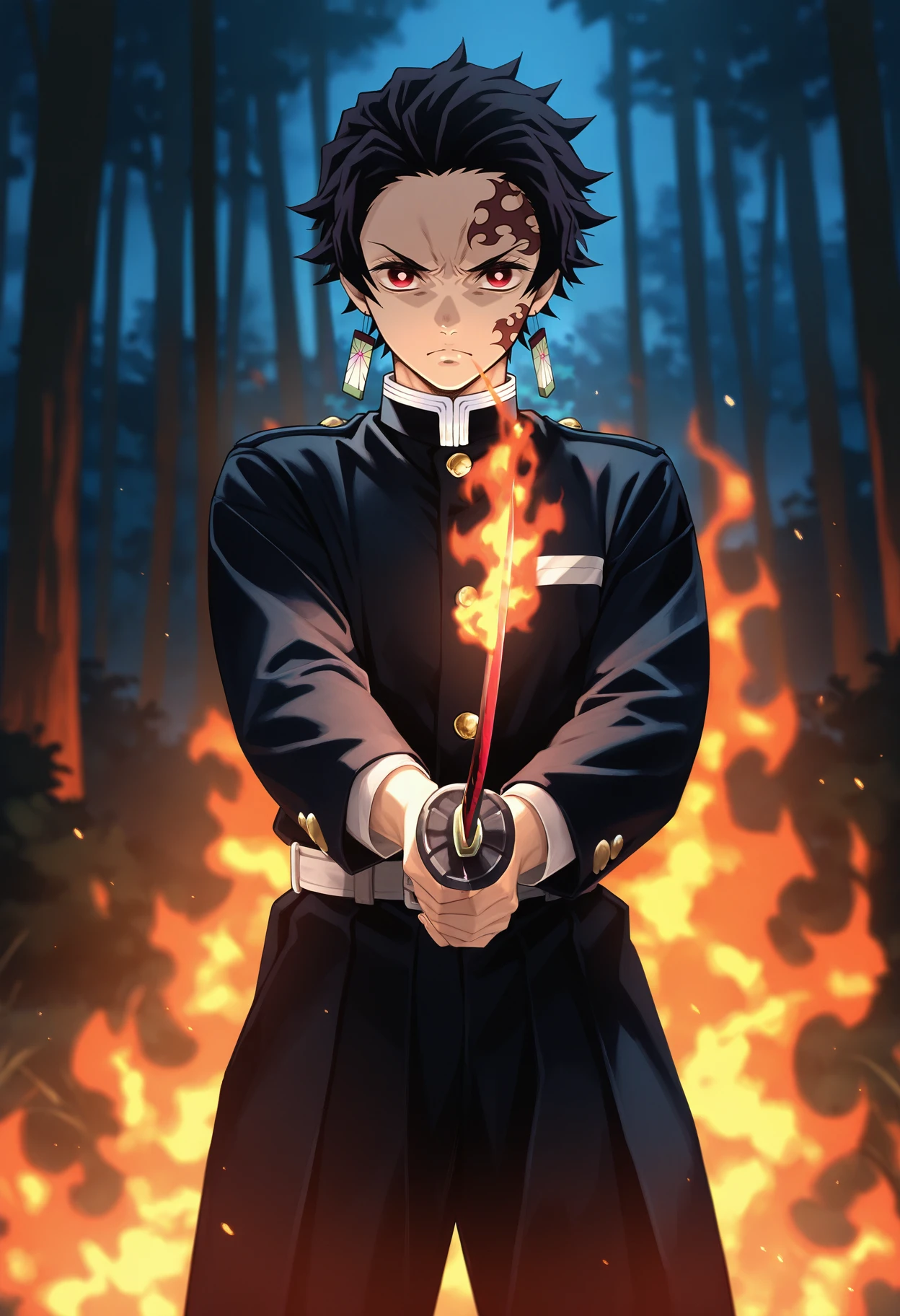 masterpiece, best quality, 2.5D
 <lora:Lets dance [IL]:0.75> let's dance, holding weapon, 
kamado_tanjirou, kimetsu_no_yaiba, 1boy, black_hair, red_eyes, black katana, uniform, black uniform, long sleeves, pants, breathing fire, flames, panting, night, forest, frown,