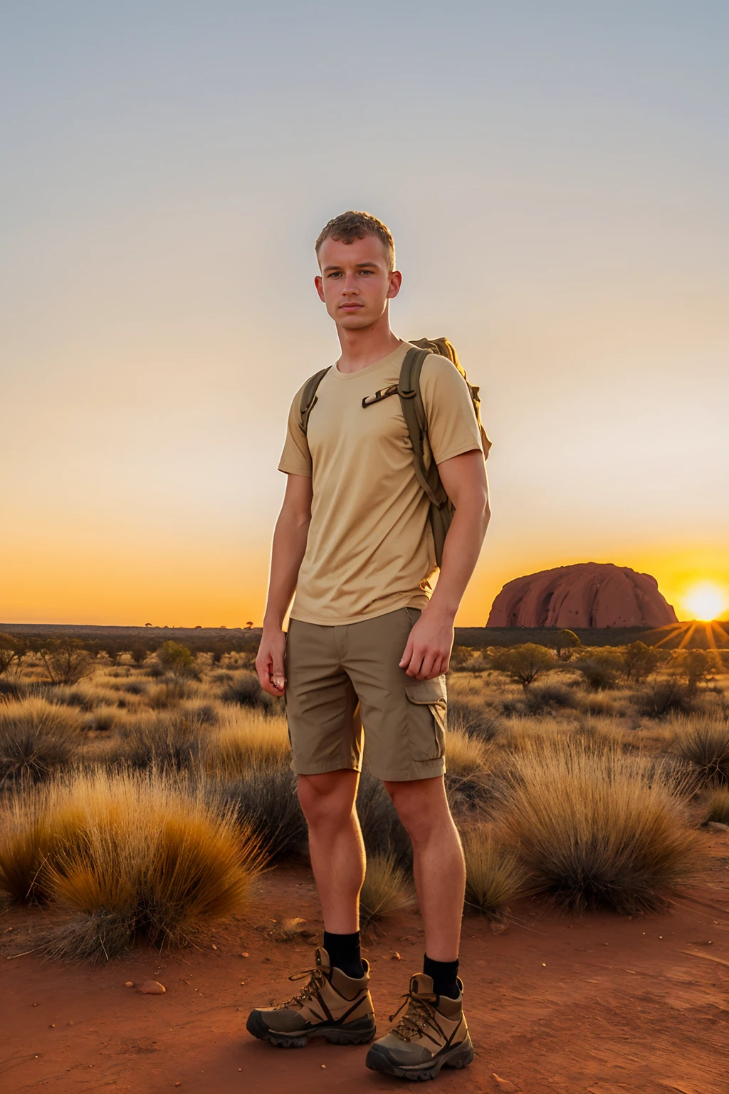 golden hour, Australian outback, evening, Uluru in the background, JoshLavery, wearing beige shirt, khaki hiking shorts, hiking boots, wearing backpack,  ((full body portrait)), wide angle  <lora:JoshLavery:0.8>