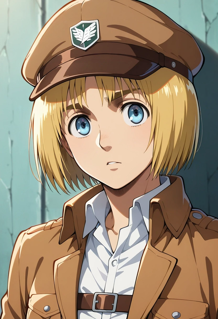 masterpiece, best quality, , , looking at viewer, , 1boy, solo, male focus, <lora:armin_arlert_ilxl:0.9>, armin_arlert, blonde hair, blue eyes, curtained hair, paradis military uniform, , , newsboy cap