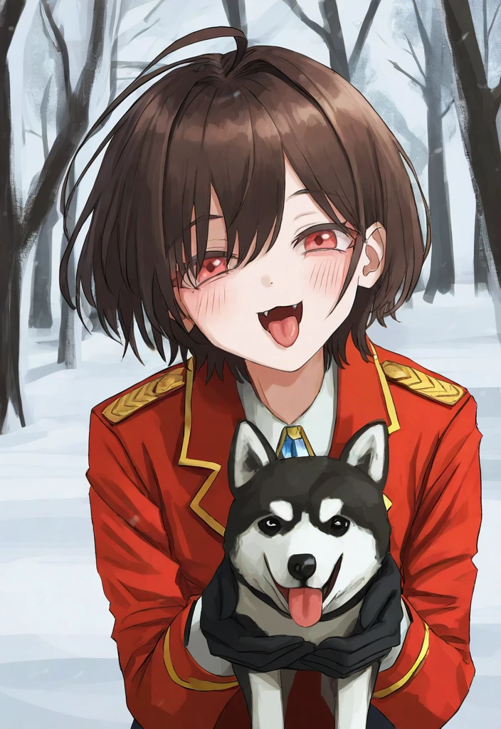 1girl,
GSHKI, RA3, brown hair, short hair, red eyes, :3, tongue out, red bomber jacket, russian flag, heart, winter, snow, forest, standing, dog, parody, tongue, blush stickers, holding, smile, nature, military uniform, gloves, shiba inu, open mouth, ahoge, :d, jacket, snowing, military, animal ears, solo, husky, outdoors, tree, uniform, looking at viewer, black gloves,
masterpiece, best quality, very aesthetic, newest, absurdres
<lora:Gshiki:1> <lora:Rae-1.0:1>