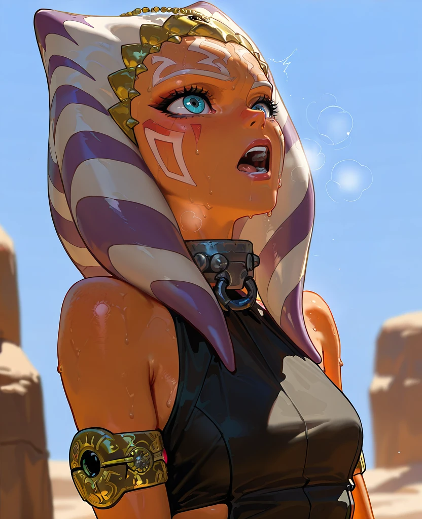 <lora:Slave_Ahsoka_Tano_Illustrious:1> masterpiece, 1440p, 8k, UHD, amazing quality, high resolution, ahsokatano, montrals, lekku, headdress, star wars, slave outfit, black dress, 1girl, solo, alien, colored skin, orange skin, sweat, blue eyes, tentacle hair, loincloth, waist up, upper body, portrait, orange skin, open mouth, facial mark