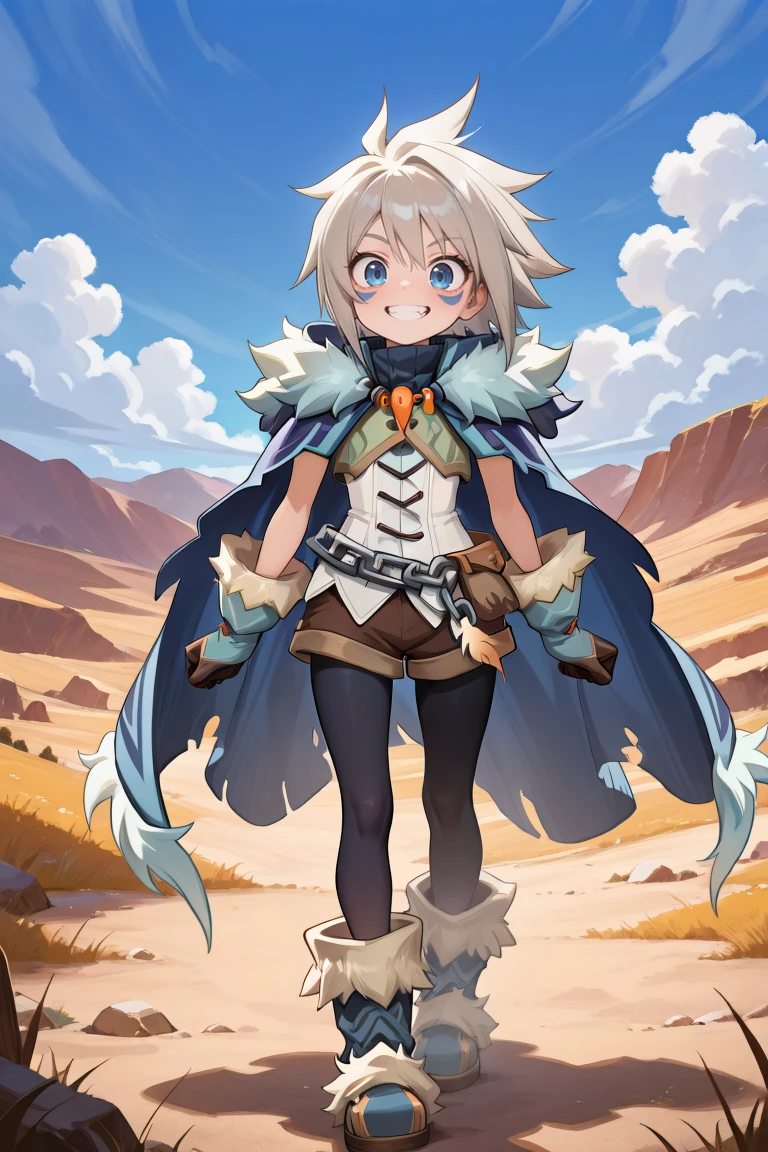masterpiece, very aesthetic, absurdres, best quality, amazing quality, high resolution, <lora:illustrious_quality_modifiers_masterpieces_v1:0.8> , <lora:ChamIllustriousBackgroundEnhancer:0.5>, <lora:MilanorIL:0.8> , miladef, 1boy, grey hair, spiked hair, blue eyes, blue facial mark, fur trim, blue cloak, white corset, gloves, chain belt, brown shorts, leggings under shorts, orange tooth necklace, black leggings, blue footwear, full body, exterior, wasteland, day, blue sky, clouds, smile, looking at viewer, 4k,