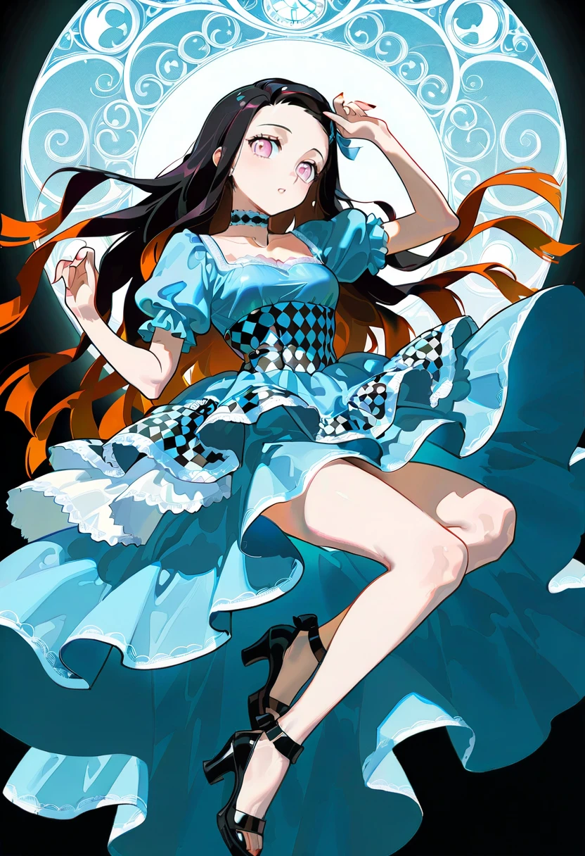 1girl,solo,looking at viewer, echo (circa),dress, short sleeves, checkered clothes, blue dress, choker, high heels,kamado nezuko, wonderland