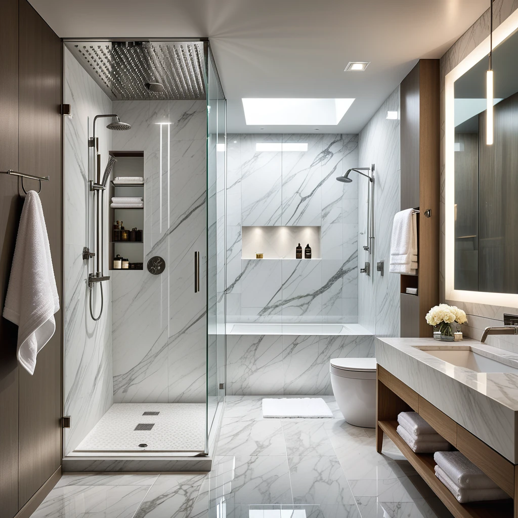 A luxurious glass shower in the interior of a 5-star hotel bathroom. The shower is spacious with floor-to-ceiling glass panels framed in polished chrome. The walls are covered in elegant white marble with subtle grey veining, giving a sophisticated and clean aesthetic. The floor inside the shower features small mosaic tiles in shades of white and silver, adding texture and refinement.
A rainfall showerhead is mounted on the ceiling, crafted from brushed stainless steel, along with a sleek handheld shower on the side wall. Built-in recessed shelving holds neatly arranged high-end toiletries and folded white towels. Soft warm lighting emanates from concealed LED strips, highlighting the reflective surfaces and creating an inviting ambiance.
The shower door is slightly ajar, revealing a fluffy white bathrobe hanging on a nearby hook. Beyond the glass shower, the rest of the bathroom features large-format marble tiles and a floating vanity with a quartz countertop. The atmosphere is serene, modern, and opulent, evoking a sense of calm and indulgence.
<lora:SDXLFaeTastic2400:0.4> <lora:extremely_detailed:0.4> extremely detailed, Masterpiece,best quality,hi res,8k,hi res,8k,award winning,(sharp focus, intricate, highly detailed),