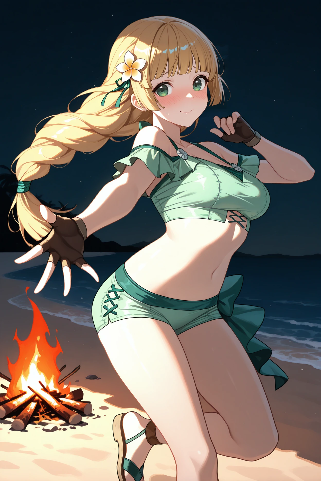 masterpiece, best quality, 1girl, solo, <lora:feingrid-illu-nvwls-v1-000005:1> suming, blonde hair, braided ponytail, long hair, blunt bangs, green eyes, hair flower, green bikini, off-shoulder bikini, bikini shorts, fingerless gloves, sandals, medium breasts, arms outstretched, dancing, bonfire, night, beach, looking at viewer, smile, embarrassed