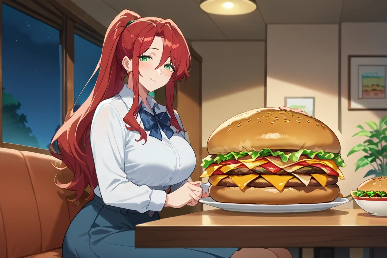 Score_9, score_8_up, score_7_up, (source_anime), (anime screencap:1.3), (huge food:1.33), (gigantic hamburger),plate, 1girl, sitting, mature, looking at viewer, blush, light smile, green eyes, red hair, long hair, ponytail, medium breasts, curvy, school uniform, room, table, night,  <lora:Huge_food_concept:0.6>, <lora:Anime_Screencap:0.8>