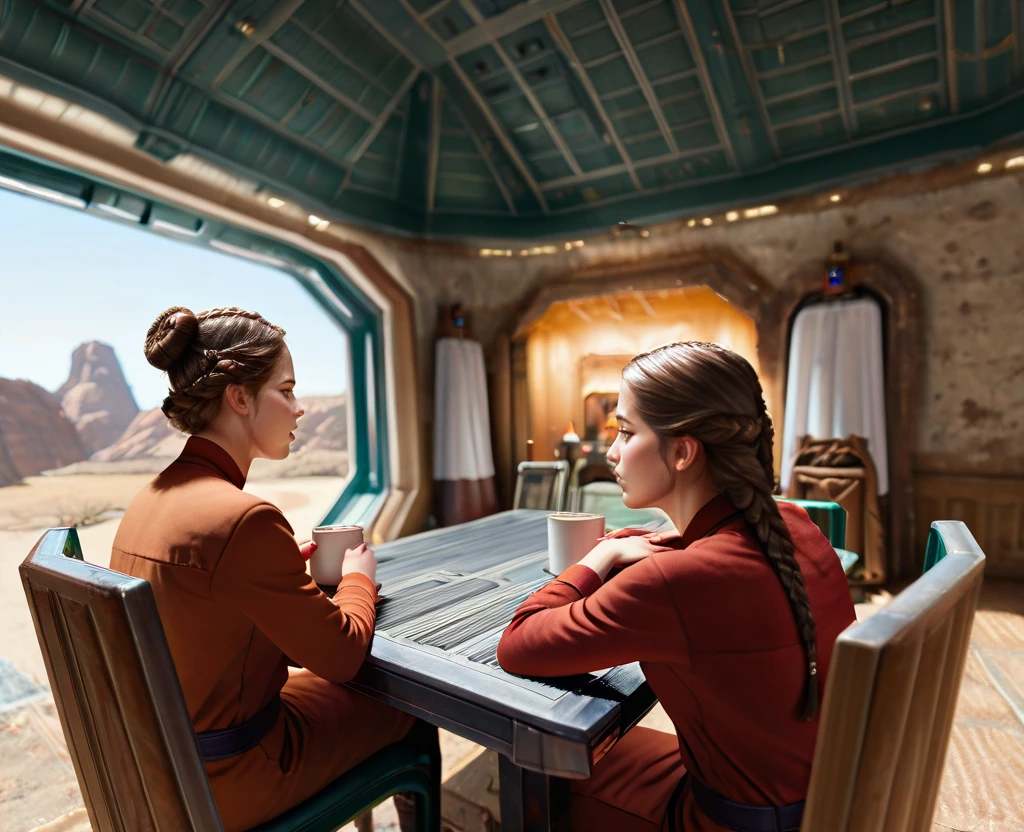 masterpiece, 1440p, 8k, UHD, amazing quality, high resolution,  <lora:Tatooine_Star_Wars_Illustrious:1>  tatooine, homestead, star wars, table, multiple girls, sitting, cup, indoors, brown hair, hair bun, profile, 2girls, long hair, single hair bun, chair, long sleeves, black hair, braid, looking at another