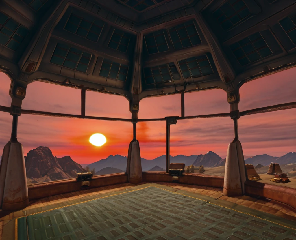 masterpiece, 1440p, 8k, UHD, amazing quality, high resolution,  <lora:Tatooine_Star_Wars_Illustrious:1> tatooine, homestead, star wars, scenery, indoors, sunset, sky, red sky, mountain, window, building