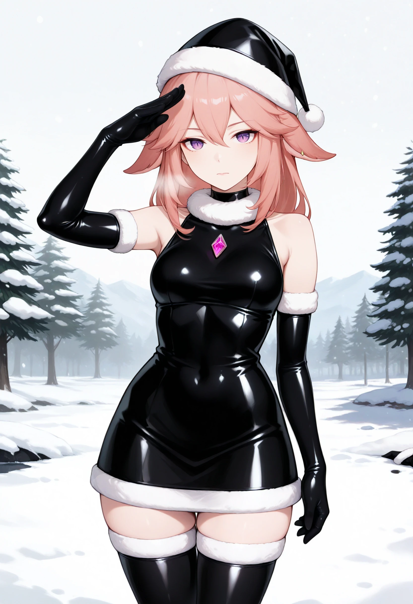 best quality, masterpiece \(quality\),
(yae miko:0.8), medium hair, 
serious, closed mouth, slit pupils, 
1girl, solo,
black latex, sleeveless dress, santa hat, santa costume, thighhighs, elbow gloves, chest jewel, pink gemstone,
standing, cowboy shot, salute, 
outdoors, snow, 
 <lora:latex-fantasy-noobvpred-v15mk2-step10560-rank256:0.8>