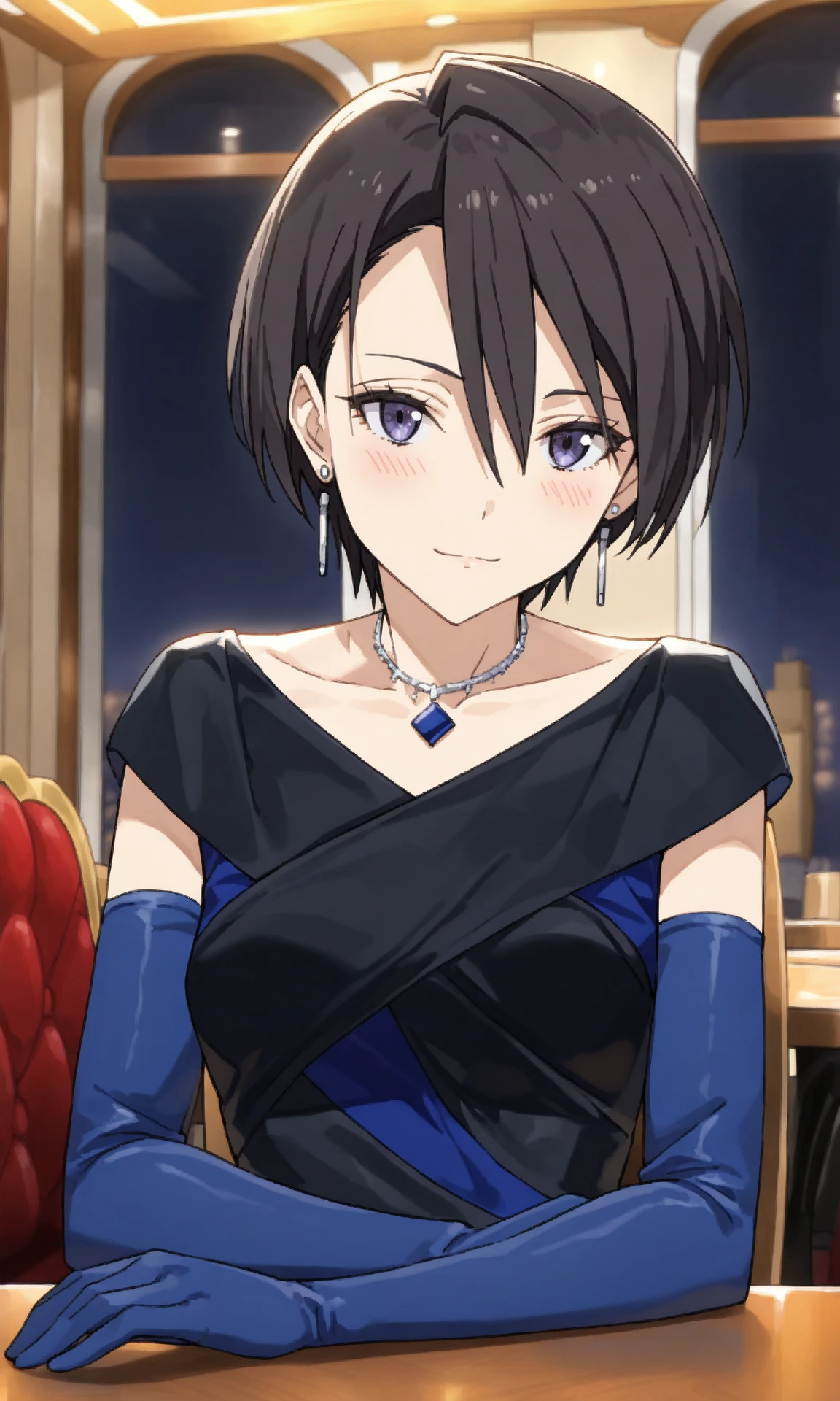 (hinatadresstwo:1.1), sakaguchi hinata, 1girl, solo, short hair, black hair, hair between eyes, looking at viewer, elbow gloves, blue gloves, collarbone, necklace, earrings, multicolored dress, sitting, chair, interior, table, window, light smile, blush, restaurant, (masterpiece, best quality, very awa:1.2), recent, year 2024