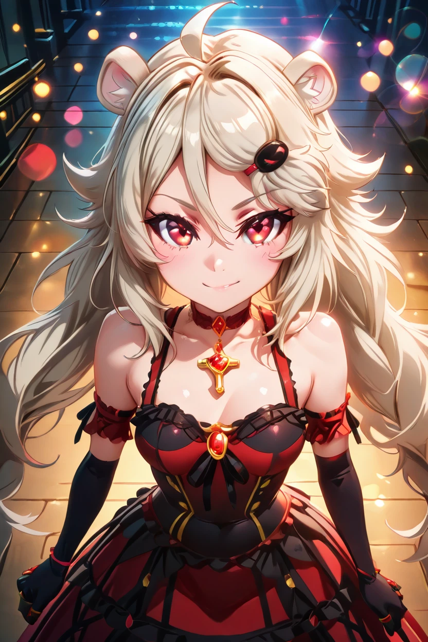 masterpiece, best quality, solo, curvy, beautiful eyes,zzAilane, red eyes, ahoge, blonde hair, grey hair, hair ornament, hairclip, long hair, hair between eyes, animal ears, animal ear fluff,  dress, ribbon, bare shoulders, jewelry, frills, choker, black gloves, elbow gloves, necklace, ring, cross, lion ears,  <lora:Ailane_ShowByRock_IXL:1.0>, from above, dynamic pose, cowboy shot, smile, looking at viewer, shiny skin,<lora:RealisticAnimeIXL_v2:1.0>, shiny skin, bokeh, luminescent background,