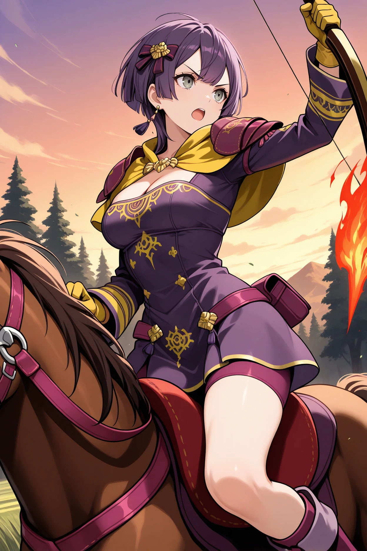 masterpiece, best quality, 1girl, solo <lora:febernadetta-illu-nvwls-v1-000006:1> warbndta, purple hair, bowl cut, grey eyes, hair ornament, earrings, shoulder pads, yellow capelet, purple dress, short dress, long sleeves, cleavage, yellow gloves, shorts under dress, purple boots, holding bow \(weapon\), riding horse, field, fire, forest, sunset sky, serious, open mouth, bowstring, arm up