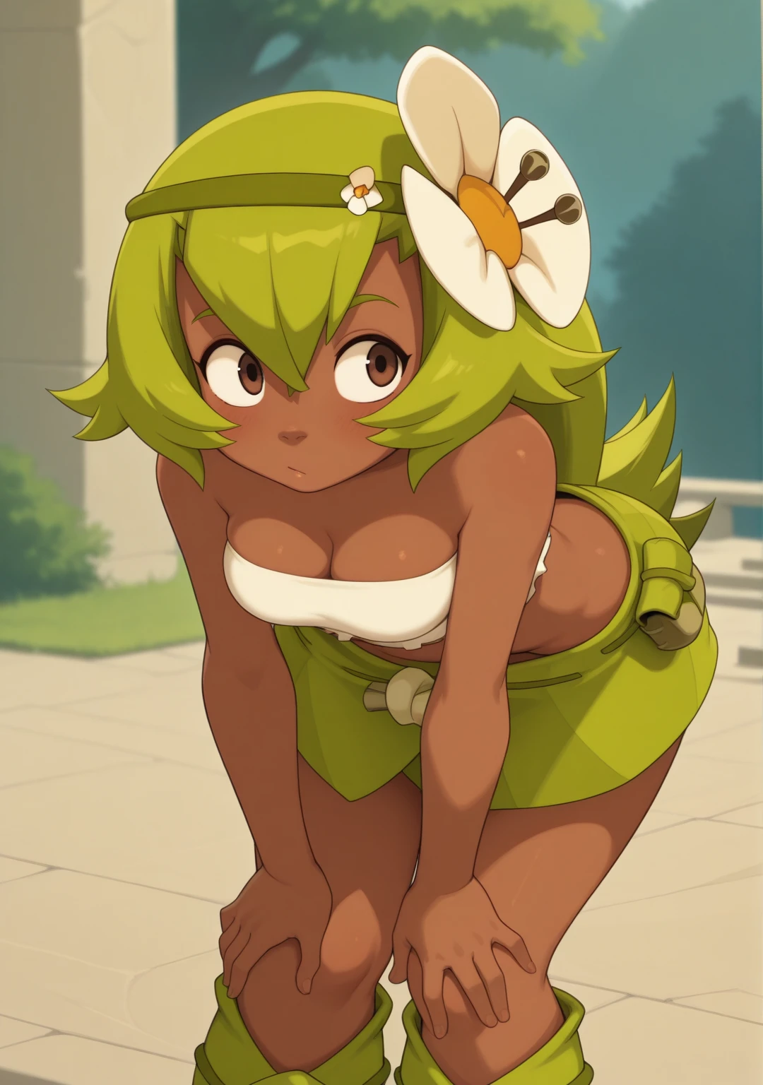 masterpiece,best quality,amazing quality, 1girl, solo, breasts, <lora:IlluAmalia:1> illuamalia, dark-skinned female, brown eyes, green hair, long hair, white bandeau, green miniskirt, hairband, hair flower, green ankle wrap, leaning forward,