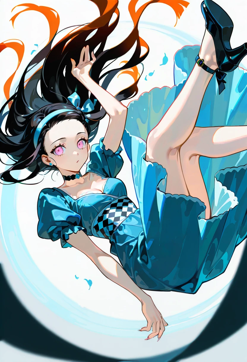 1girl,solo,looking at viewer, echo (circa),dress, short sleeves, checkered clothes, blue dress, choker, high heels,kamado nezuko, falling, wonderland