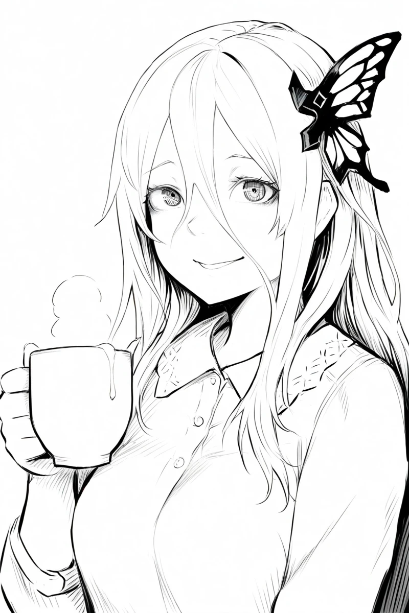 masterpiece, best quality, amazing quality,
 <lora:DisorderIL:1> disorder, 1girl, hair ornament, long hair, cup, greyscale, hair between eyes, smile, solo, butterfly hair ornament, monochrome, holding, looking at viewer, holding cup