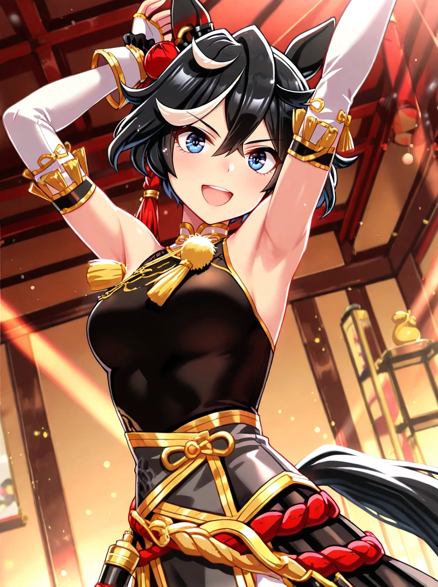 masterpiece, best quality,
atsuragi ace \(umamusume\), 1girl, horse ears, armpits, detached white sleeves, looking at viewer, smile, open mouth, arm up, bare shoulders, arms up, fingerless white gloves, :d, black gradation ear covers, official alternate hairstyle, high neck backless black dress, new year clothes, black nails,holding black huge brush,
light rays,lens flare,light particles,
<lora:ILL_katsuragi_ace_ver1.01:1>