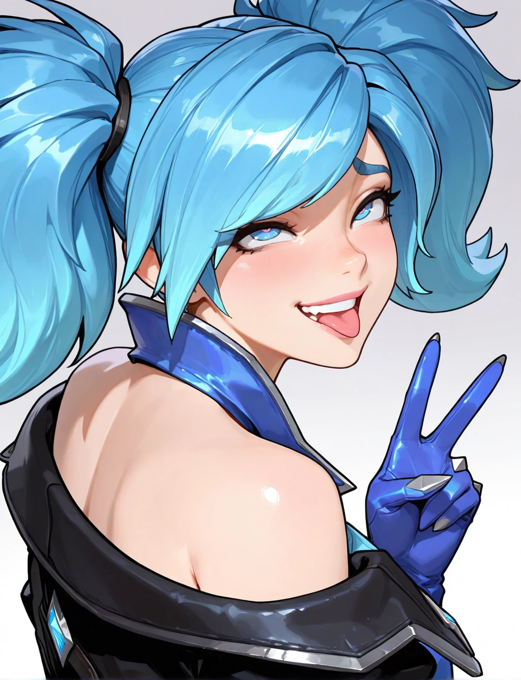 <lora:745cmSDXLvpred75S:0.8>, 748cmstyle, masterpiece, best quality, year 2024, newest, very awa, highres, absurdres,1 girl, solo, Evie_Paladins, evie outfit, portrait, smile, own ahegao, double peace signs, looking at viewer, salvia, shoulder shot, different lenght gloves BREAK gradient background, front view, <lora:Evie_IL_v1:0.8>