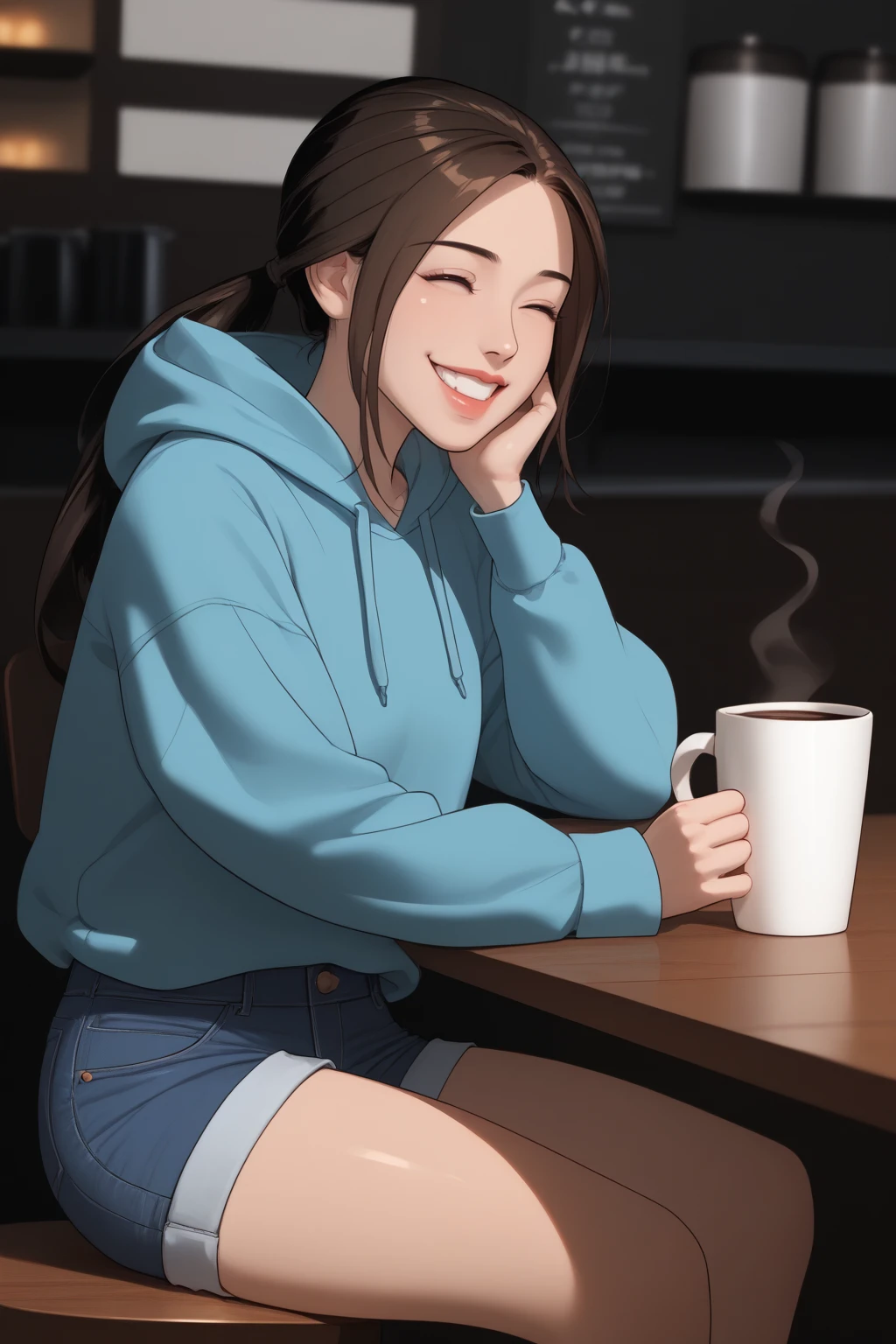 score_9, score_8_up, score_7_up, masterpiece, high quality, extreme detail, absurdres, (detailed skin texture) BREAK
<lora:HayanPonyLora:1>hayan, bangs, short hair, ponytail, hoodie, denim shorts, in a cafe, holding a mug of coffee, happy, sitting