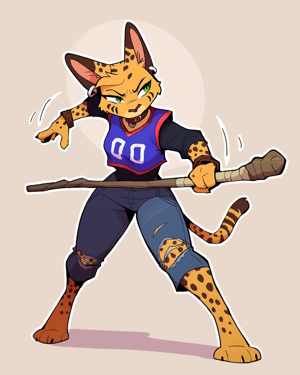 score_9_up, score_8_up, score_7_up, score_6_up, by remanedur, medium breasts, brown choker, serval, green eyes, female, tail, 4 fingers, holding object, holding weapon, bo staff, suspended in midair,  holding melee weapon, motion lines, narrowed eyes,  jersey, ear piercing, brown bracelet, bracelet, collar, denim bottomwear, denim jeans, foreshortening,  ripped jeans, brown ears, brown spots, facial markings, topwear, tail, solo, action pose, three-quarter view, head tilt, simple background, white outline,  <lora:Leah_Pines(AIM)_XL_v1:0.15> <lora:PDXL_artist_tags_v2_big:0.5> <lora:The-Minuscule-Task_PDXL_v1.0:0.6>  <lora:Pepper_Paminta_Ruffu:0.65>