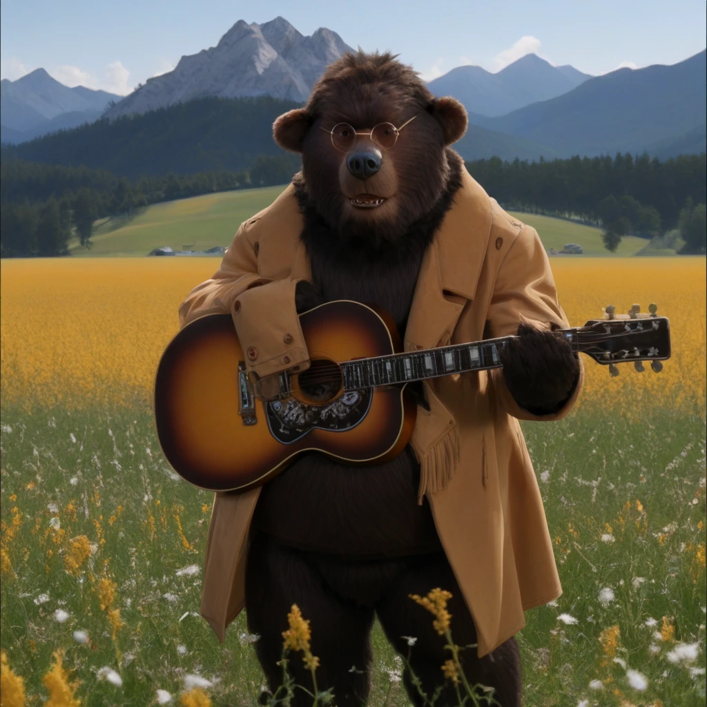 ted bedderhead, big bear, tall, dark brown fur, belly, bara, standing tall, glasses, black nose, wearing coat, playing a guitar, in an open field, mountains in background