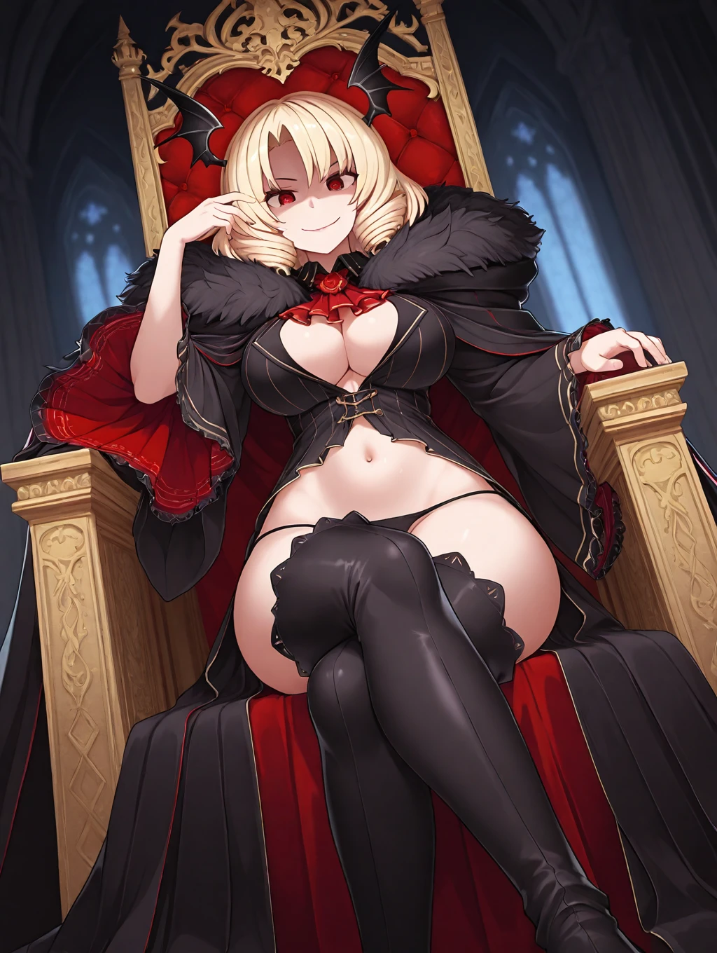 1girl, solo, Fatima, blonde hair, short hair, drill hair, red eyes, head wings, large breasts, black cloak, ascot, cleavage, underwear, black panties, black shir, long sleeves, exposed navel, wide sleeves, black thigh boots,

castle, indoors, throne, sitting, crossed legs, smirk, looking at viewer, from below, dutch angle, dark,

masterpiece, best quality,amazing quality, very aesthetic, absurdres, depth of field, blurry background, extremely detailed face, detailed eyes eyes,masterpiece,best quality,amazing quality