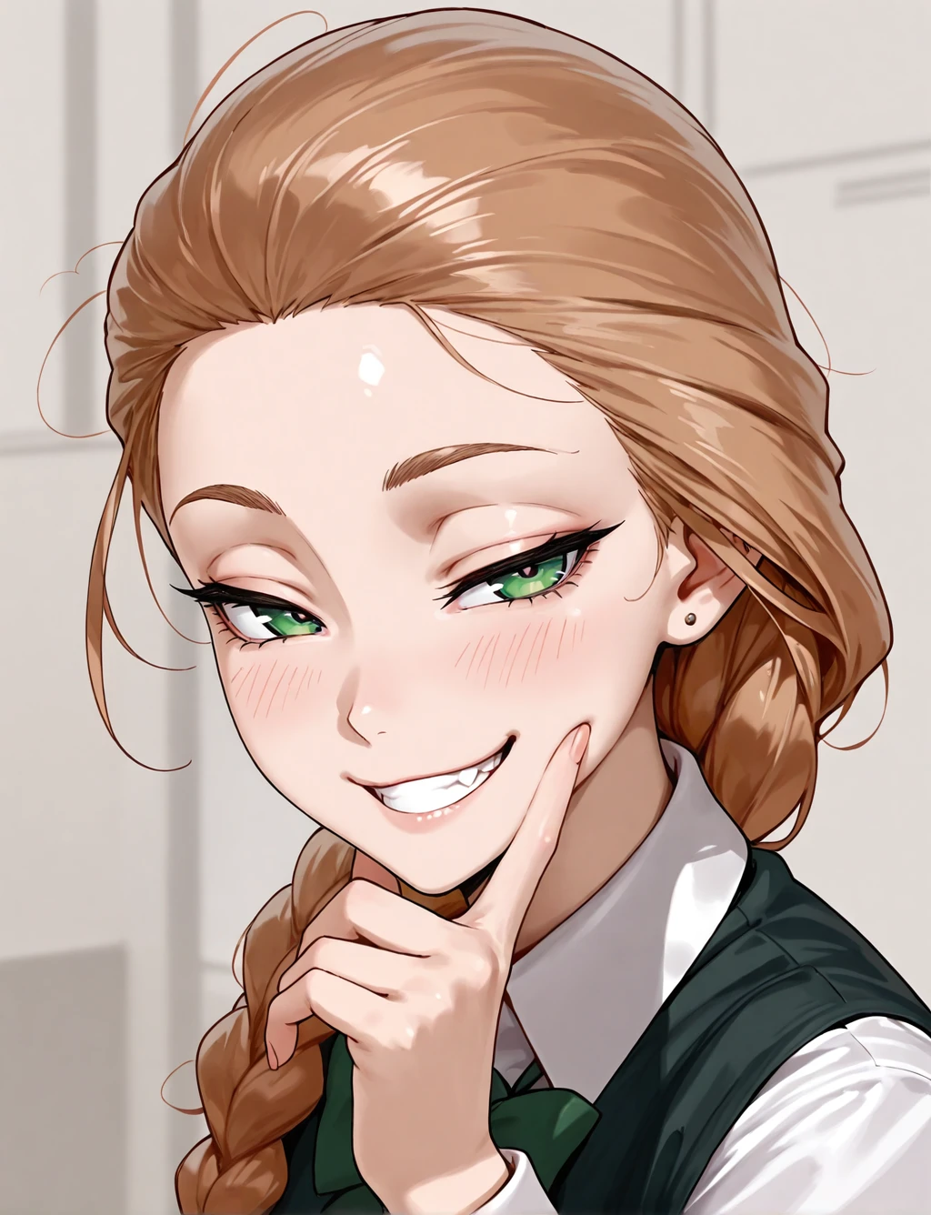 masterpiece,best quality,amazing quality,very aesthetic,absurdres,newest,Katya_TB, portrait, smug, school_uniform, teeth, <lora:Katyav2:0.8>
