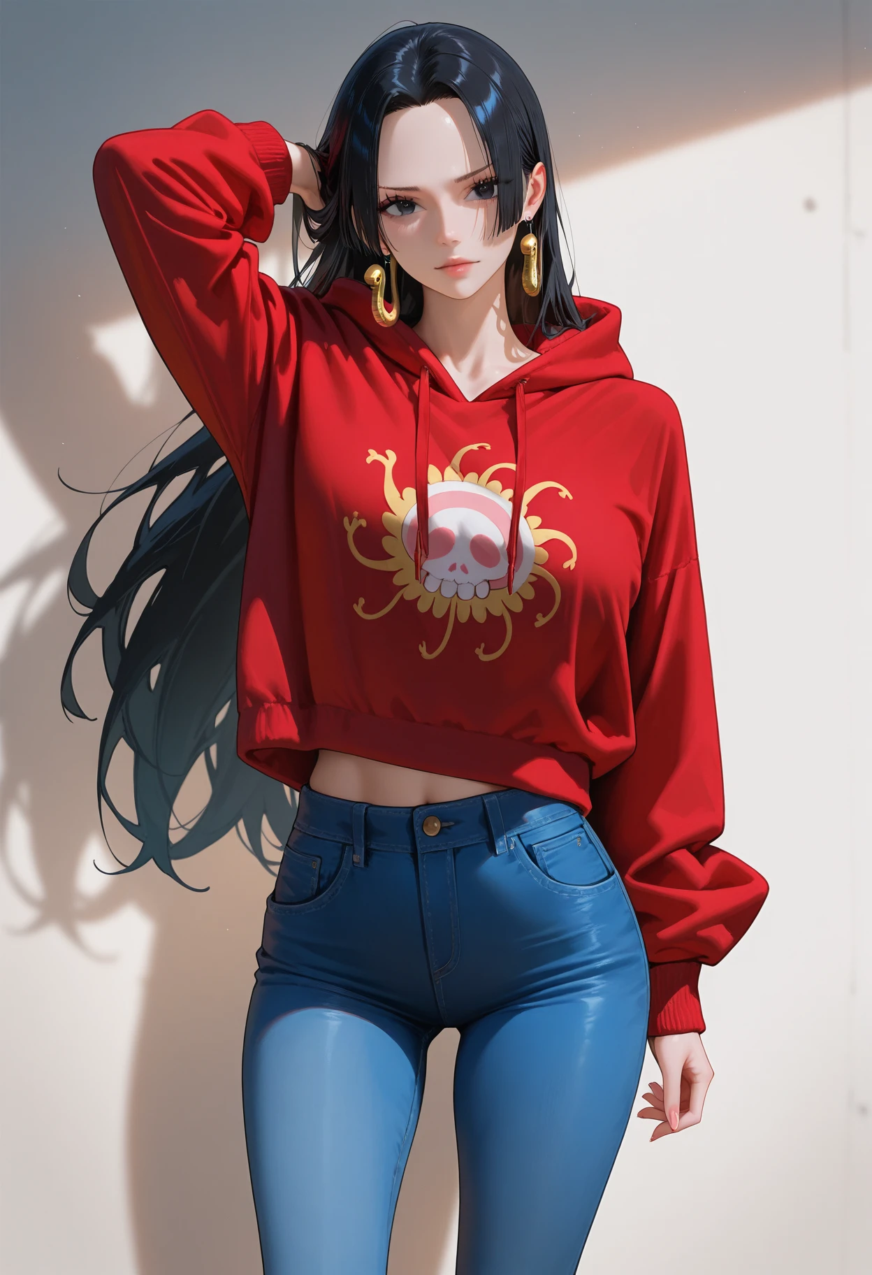 masterpiece, best quality, realistic, 2.5D
<lora:Boa Hancock 5 outfits [IL]:0.7> 1girl, boa hancock, black hair, jewelry, earrings, black eyes, long hair,  alternate costume, red hoodie, jeans