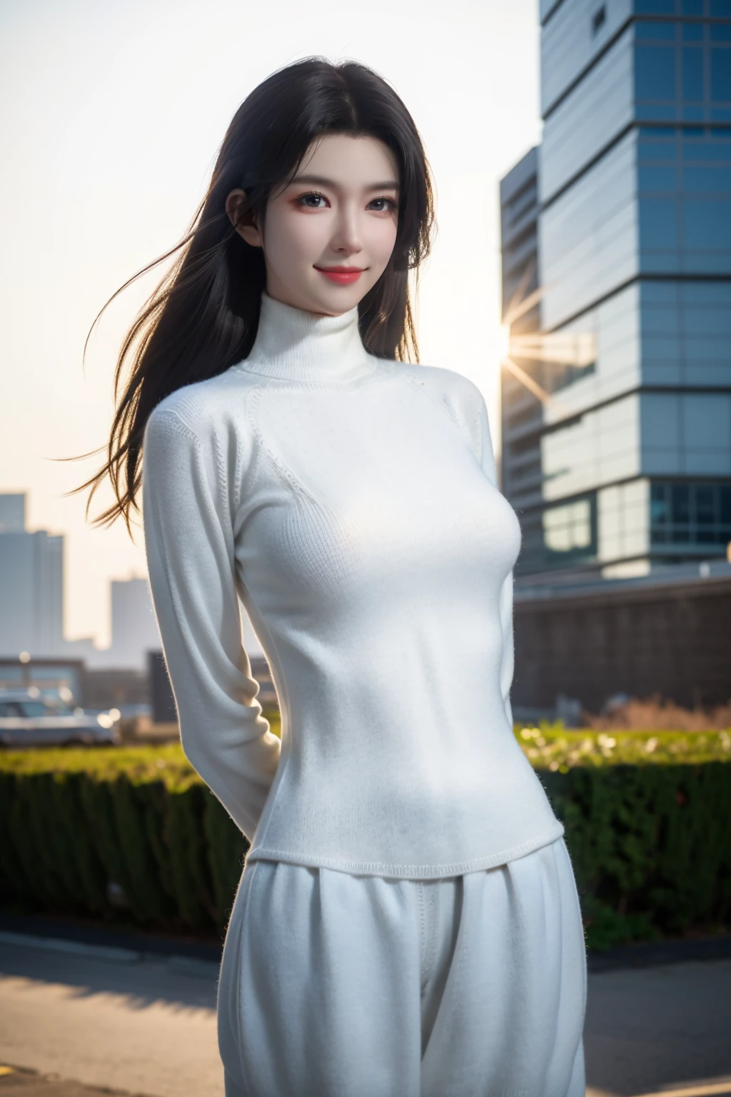 (cowboy shot),1girl,solo,closed mouth,light smile,(white turtleneck sweater:1.3),arms behind back,(looking at viewer),outdoors,cityscape,modern building,backlighting,sunlight,sunset,depth of field,Highly detailed,(best quality:1.5,masterpiece:1.5),<lora:xiaoxuner:0.85>,xuner,