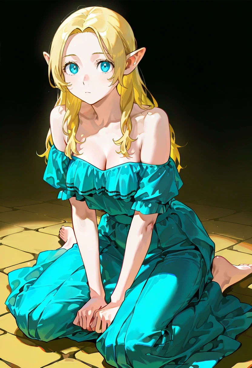 1girl,solo,looking at viewer, echo (circa),tbta dress, bare shoulders, blue dress, barefoot, marcille_donato