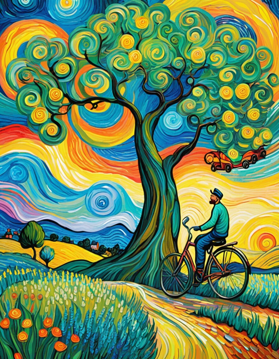 man with child lying in bed, whimsical landscape with vibrant colors, swirling skies resembling van gogh's style, cartoonish, tree with thick trunk and bicycle leaning against it, medium age, possibly european, inspired by vincent van gogh, digital illustration, best quality