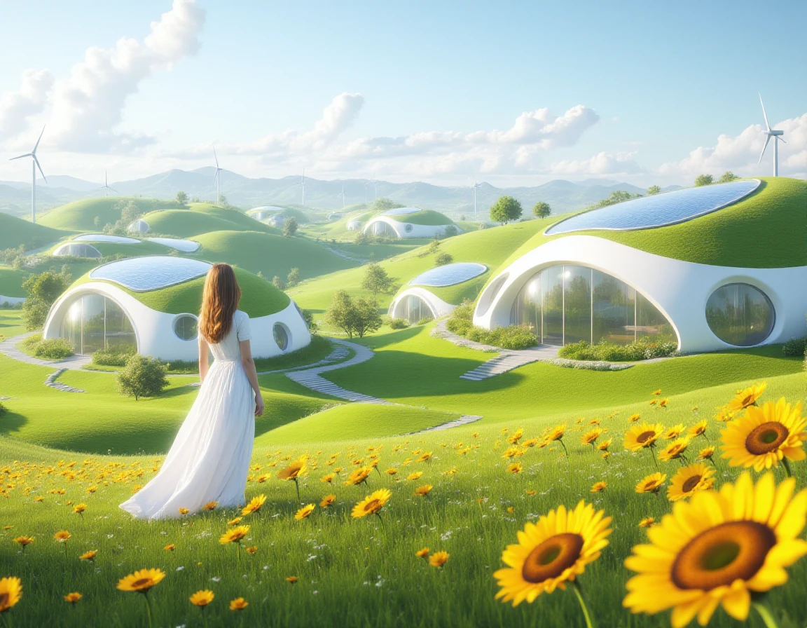 In the style of ff-eu, a futuristic landscape with buildings made to be in harmony with nature. there are solar papnels on the rooves and there are futuristic wind turbines in the distance. The foreground is a meadow of sunflowers with a woman dressed in a long white flowing dress standing looking over the landscape.
<lora:Eco_Utopia_FLUX-000011:1>