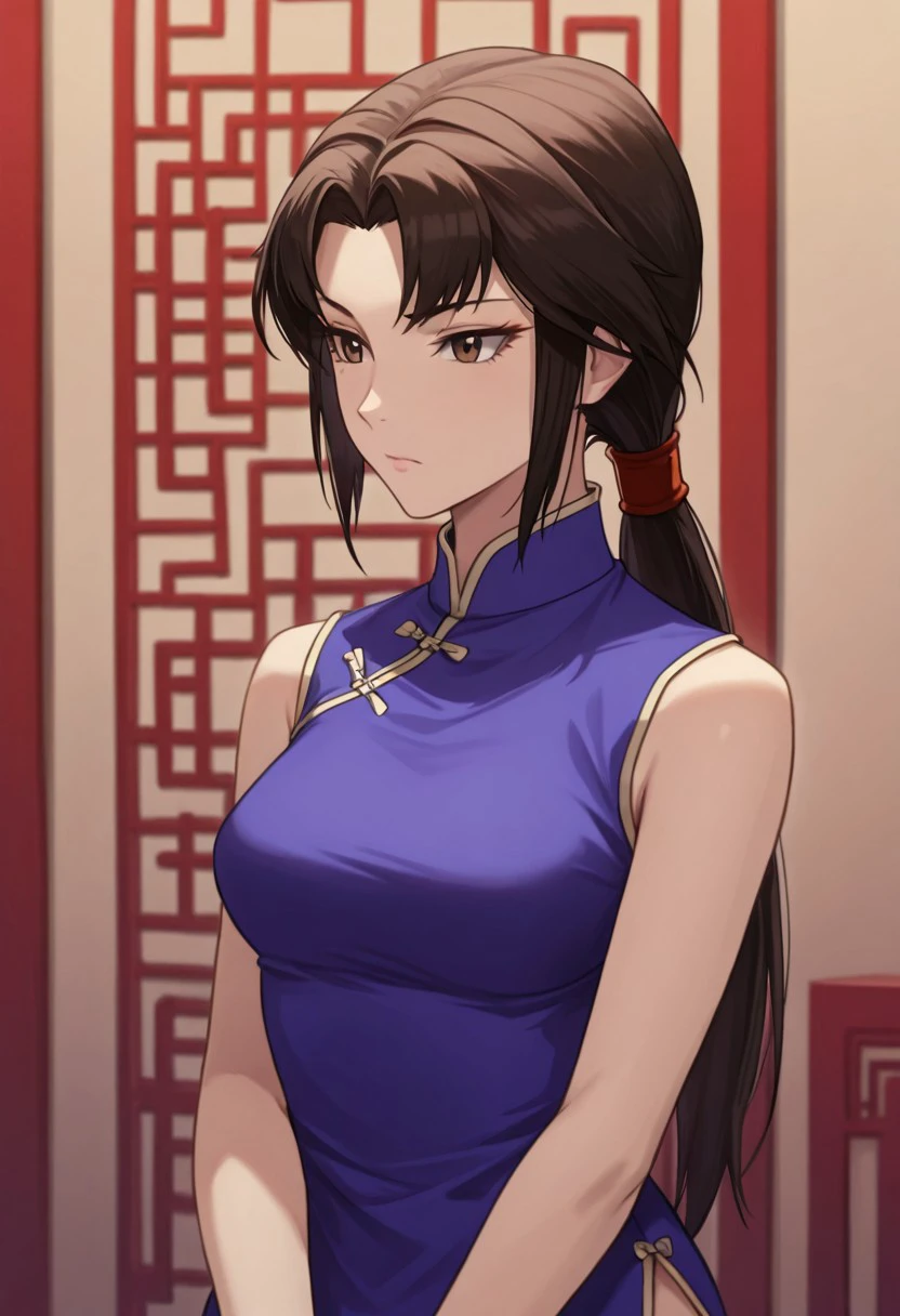 masterpiece),(best quality),(ultra-detailed),(best illustration),(absurdres),(detailed background),(very aesthetic), xiuxinghong, solo, brown hair, chinese clothes, 1girl, brown eyes ,ponytail, long hair, upper body, china dress, dress, black hair, sleeveless,cowboy_shot,  upper_body, full body