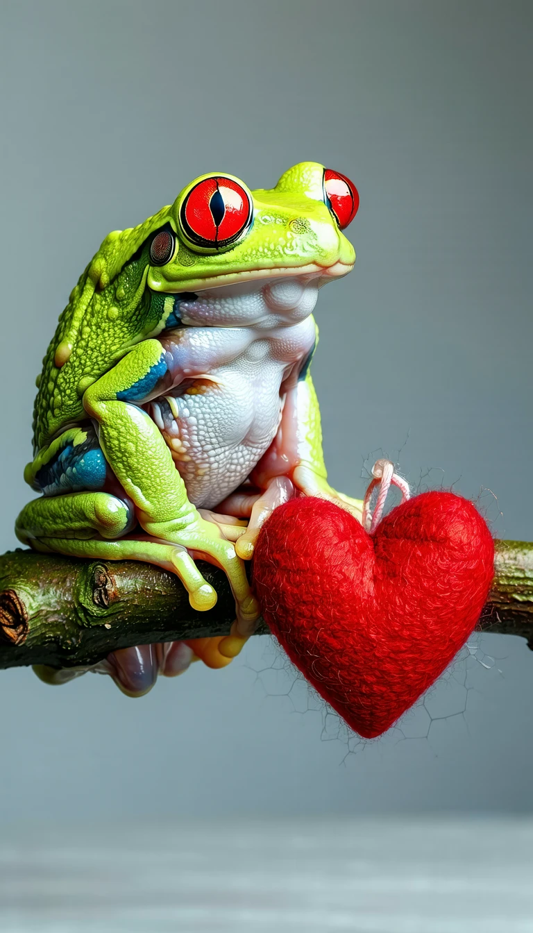 The image depicts a green frog with red eyes and a blue belly perched on a brown branch. To the right of the frog, there is a red heart. The background is a light gray color, providing a neutral backdrop that allows the vibrant colors of the frog and heart to stand out.