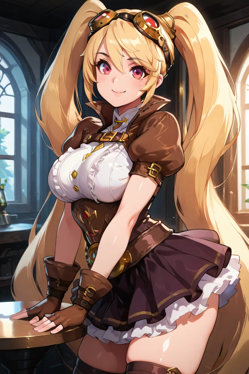 masterpiece, best quality, solo, curvy, beautiful eyes, zzLayla, solo, 1girl, twintails, blonde, blonde hair, long hair, very long hair, red eyes, goggles, goggles on head, gloves, thighhighs, skirt, short sleeves, fingerless gloves, puffy sleeves, brown gloves, puffy short sleeves,   <lora:LaylaMLIXL:1.0>, upper body, side view, smile, looking at viewer, shiny skin,