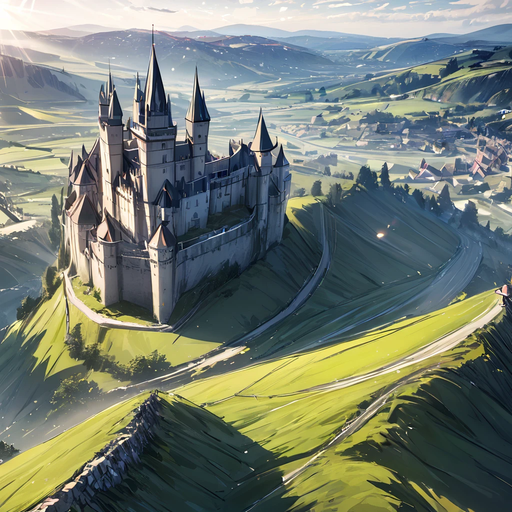 masterpiece, best quality, depth of field, scenery, no humans, sunlight, hill,(castle:1.2), lens flare, <lora:SDXL Between_pencils_and_semi-realism_Style:0.7> stbedap, village, (close up:1.2), CGI,