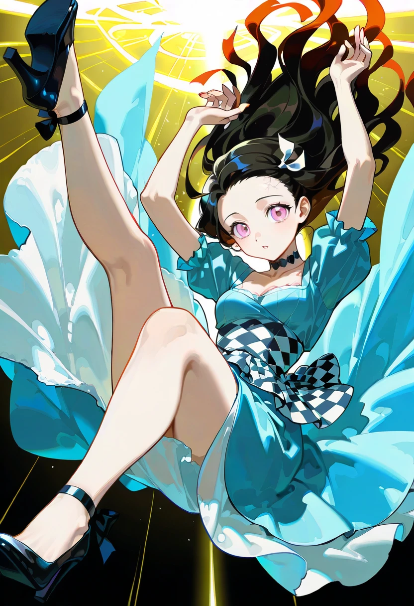 1girl,solo,looking at viewer, echo (circa),dress, short sleeves, checkered clothes, blue dress, choker, high heels,kamado nezuko, falling, wonderland