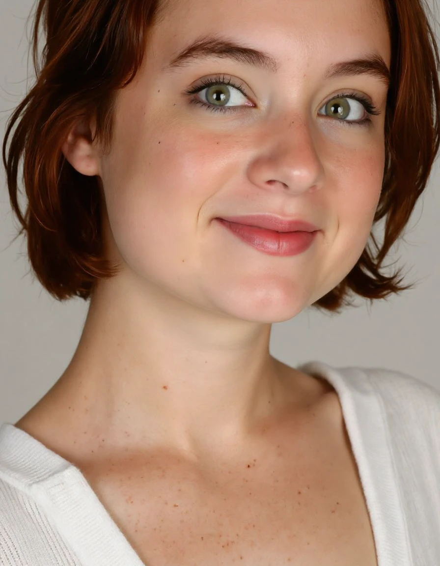 smiling woman with short red hair in a pixie cut haircut and a white tshirt with jeans, this person does not exist, probably in her 30s, kate mulgrew-mary elizabeth winstead-margot kidder-lena dunham-laura leighton-jacqueline mckenzie-aubrey peeples-kate middleton-evan rachel wood-rebecca demornay-brie larson-julie andrews merged, entire body visible, full body, hyperrealistic, best quality, 8K, real human skin, masterpiece, extremely intricate, medium closeup, detailed eyes, detailed face, detailed body, exaggerated features, pronounced features