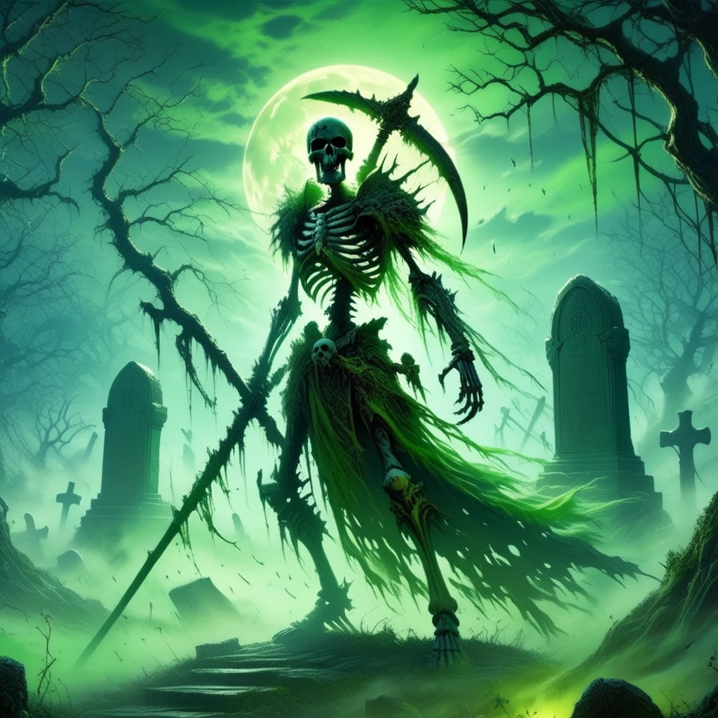 anime artwork skellies,  skeletal warrior, wielding a scythe, standing in a mist-covered graveyard, cracked tombstones, eerie green fog, mid shot, backlit by the moon, soft glow, haunting atmosphere, dark fantasy  <lora:Skeletal Warriors- sdxl1.0:1> . anime style, key visual, vibrant, studio anime,  highly detailed