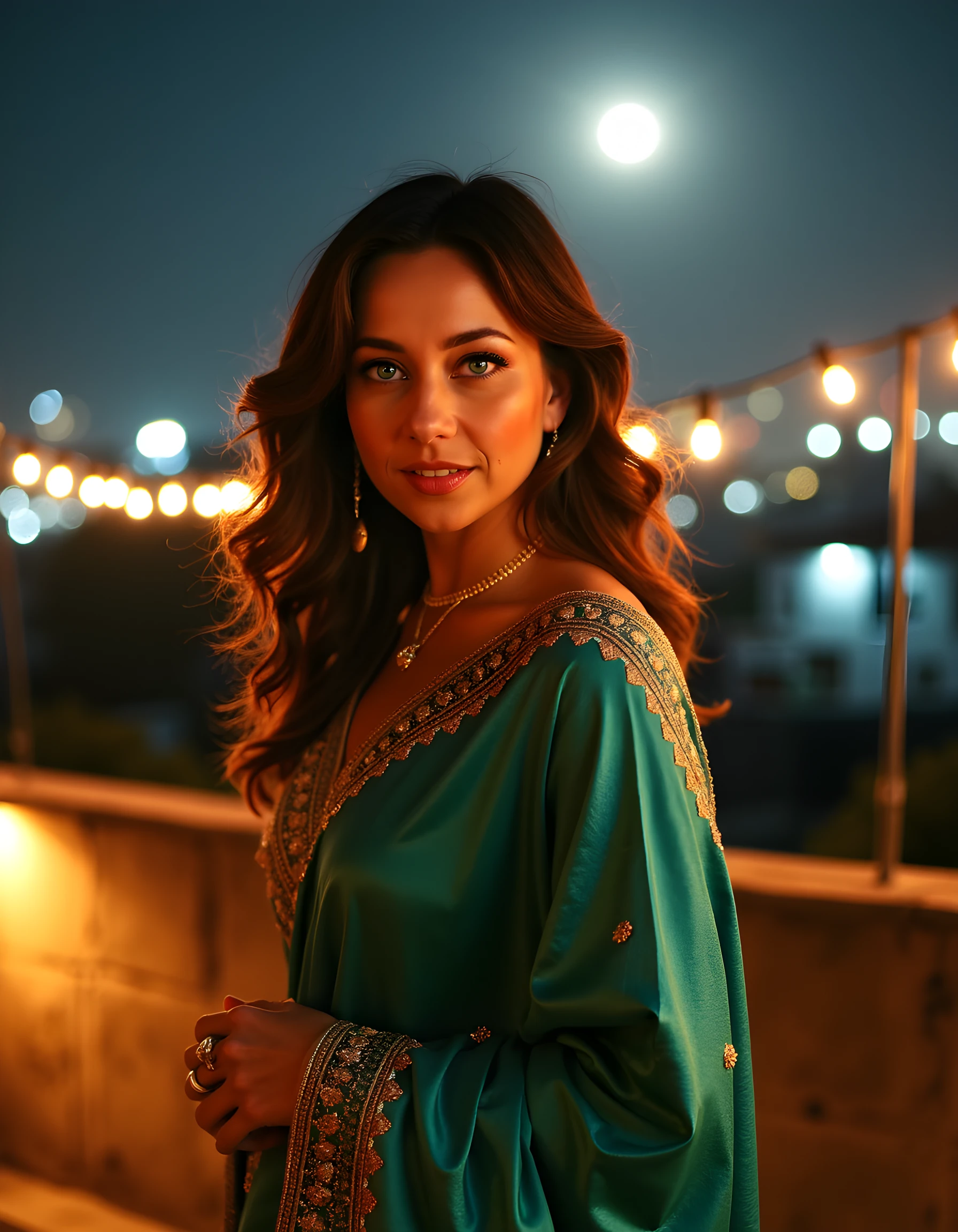 SH4NN0NMD, In a captivating tableau, a woman with cascading brown hair and piercing blue eyes, dressed in an exquisite ensemble of emerald-green silk saree adorned with golden threadwork, poses gracefully with an enigmatic smile. The scene is set against the backdrop of a rustic, moonlit Indian rooftop terrace overlooking the twinkling cityscape below. The camera angles from slightly above, focusing on her expressive eyes and the intricate details of her attire, creating an intimate connection with the viewer. Soft, warm lighting envelops her figure, casting a magical glow that accentuates her beauty and elegance, while the cool night breeze subtly moves her saree, adding a dynamic element to the otherwise tranquil scene. The emotional tone exudes a sense of serenity and self-assuredness, capturing the essence of a woman in harmony with herself and her surroundings.